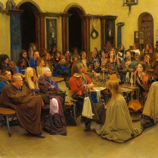 Image similar to witchcraft seminar at a university, by donato giancola and berthold woltze.