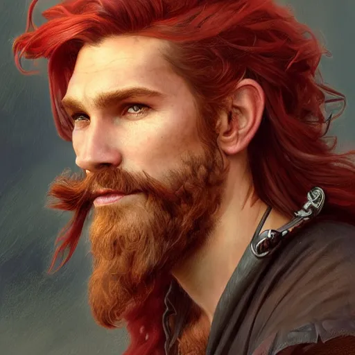 Prompt: portrait of a young ruggedly handsome but joyful pirate, male, masculine, upper body, red hair, long hair, d & d, fantasy, piercing eyes, intricate, elegant, highly detailed, digital painting, artstation, concept art, matte, sharp focus, illustration, art by artgerm and greg rutkowski and alphonse mucha