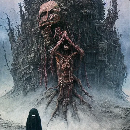 Image similar to an epic horrifying fantastic hyperdetailed 3 d matte painting photo taken with nikon d 7 5 0 an of a decaying eldritch creature partially covered with grafitti art by moebius by zdzisław beksinski by jakub rozalski by nekro