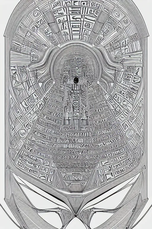 Image similar to full page technical drawing technocore mind meld evil, god symmetric, Hieroglyphic Occult, esoterism, wide angle, super highly detailed, professional digital painting, artstation, concept art, smooth, sharp focus, no blur, no dof, extreme illustration, Unreal Engine 5, Photorealism, HD quality, 8k resolution, cinema 4d, 3D, beautiful, cinematic, art by artgerm and greg rutkowski and alphonse mucha and loish and WLOP