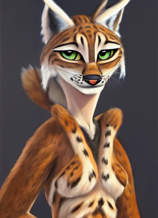 Prompt: oil painting of anthromorphic female lynx, in style of zootopia, female fursona, furry, furaffinity, 4 k, deviantart, furry art, fursona art, wearing black business suit, business suit, lynx fursona, female, very expressive detailed feminine face,