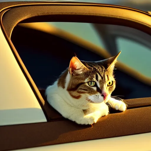 Image similar to cat cruising in a cabriolet, golden hour, front top side view, golden ratio, idyllic setting