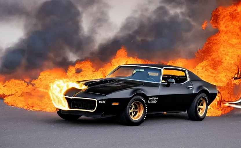 Prompt: a black 1 9 7 3 pontiac firebird trans am sd - 4 5 5 driving high speed, fire explosion in the background, action scen. realistic. dramatic