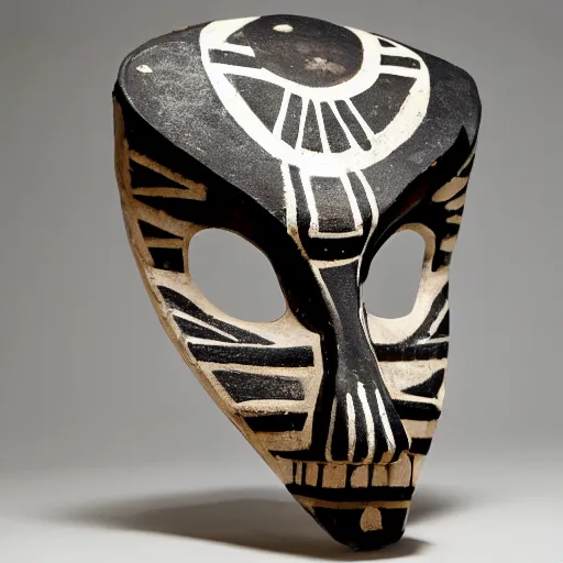 Prompt: symmetrical product photograph of a tribal mask made from bone and obsidian