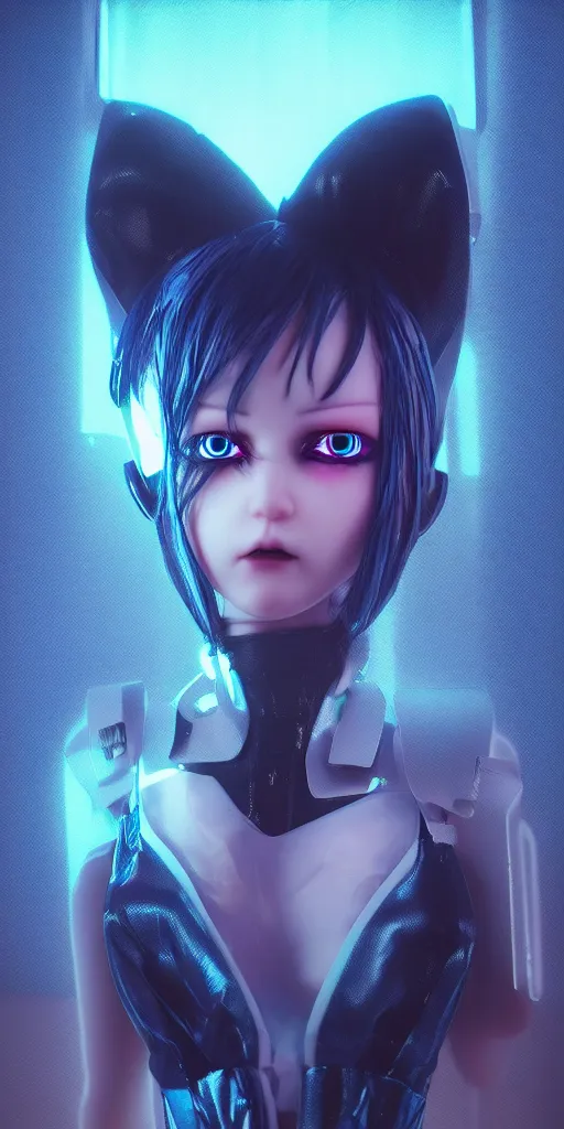 Prompt: blue cyber porcelain doll with led eyes. standing in middle of dark hallway. volumetric light on back. broken neon lighting. cyberpunk. high details, pixive, kuvshinov, photorealistic, artstation trending. dark mood. anime, akira.