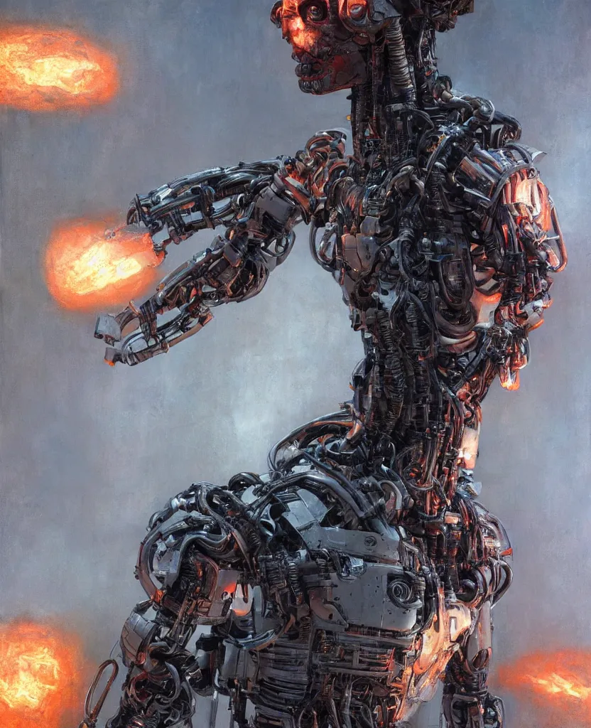 Prompt: hyperrealistic mixed media painting of a humanoid terminator floating in lava, stunning 3d render inspired art by Barry Windsor-Smith + perfect body symmetry + dim volumetric lighting, 8k octane beautifully detailed render, post-processing, extremely hyperdetailed, intricate futuristic mechanic parts, epic composition, grim yet sparkling atmosphere, cinematic lighting + masterpiece, trending on artstation