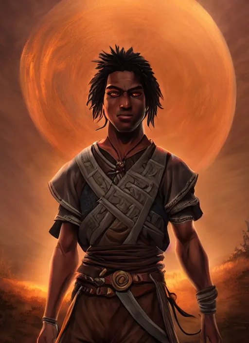 Image similar to An epic fantasy comic book style portrait painting of a young dark skinned long haired boy in plain peasant clothes with intelligent eyes in the style of the wheel of time, unreal 5, DAZ, hyperrealistic, octane render, cosplay, RPG portrait, dynamic lighting