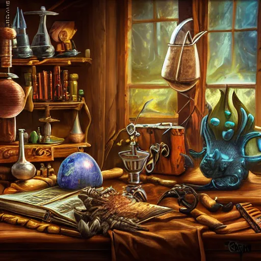 Prompt: photorealistic, tony sart, table, wizards laboratory, mortar, pestle, scales, magic book, beaker, energy