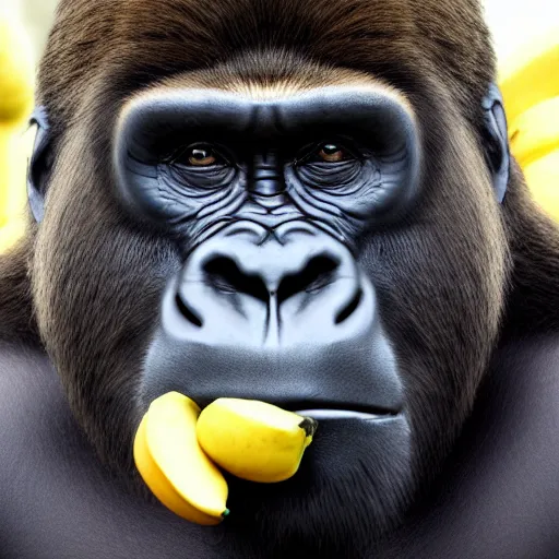 Image similar to big gorilla with human face maneating eating bananas in the hood, 8k resolution, full HD, cinematic lighting, award winning, anatomically correct