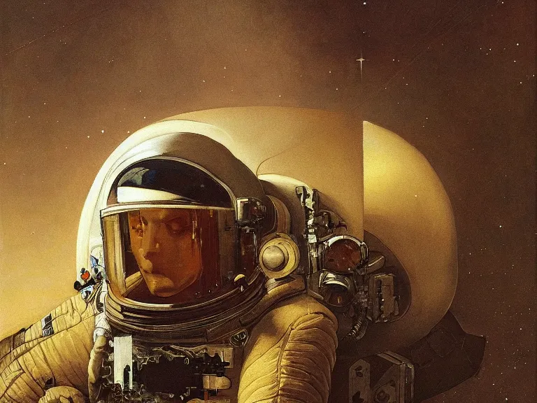 Image similar to a detailed profile painting of an astronaut in a spacesuit with reflective visor, symmetrical and science fiction theme by beksinski carl spitzweg and tuomas korpi. baroque elements, full-length view. baroque element. intricate artwork by caravaggio. Trending on artstation. 8k