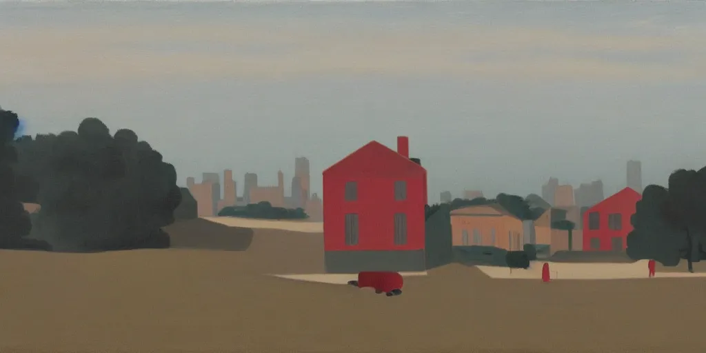 Image similar to In the foreground is a small red house, and in the background is the smoky NY City, George Ault painting style.