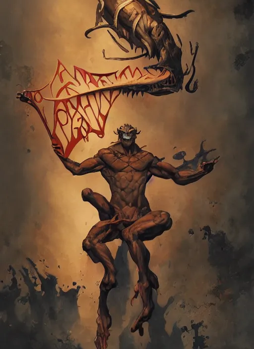 Image similar to demon holding a sign with the word ALEX written on it by artgerm and Craig Mullins, James Jean, Andrey Ryabovichev, Mark Simonetti and Peter Morbacher 16k