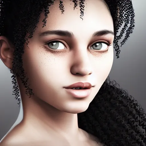 Image similar to portrait of a young lady with curly black hair with, round face, big brown eyes, ultra detailed, volumetric lighting,