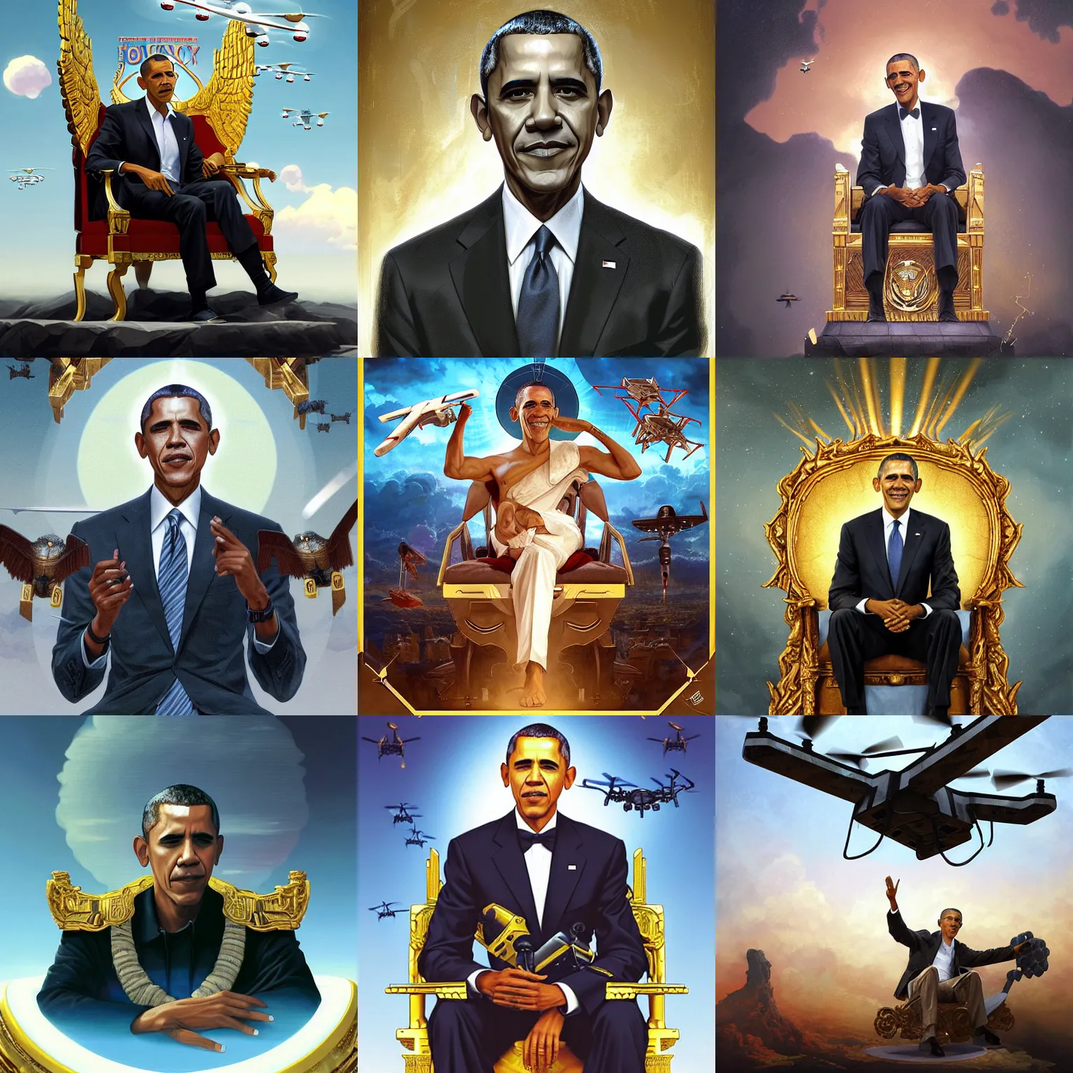 Prompt: digital illustration of Barack Obama (played by Barack Obama) The Drone King sitting in the sky on a golden throne with MQ-1 Predator Drones (military) flying out from under it, intricate details, By Ruan Jia and Stanley Artgerm, Range Murata and WLOP and Ross Tran and William-Adolphe Bouguereau. Key Art. Fantasy Illustration. award winning, Artstation, smooth, Hyperdetailed, 8k resolution.