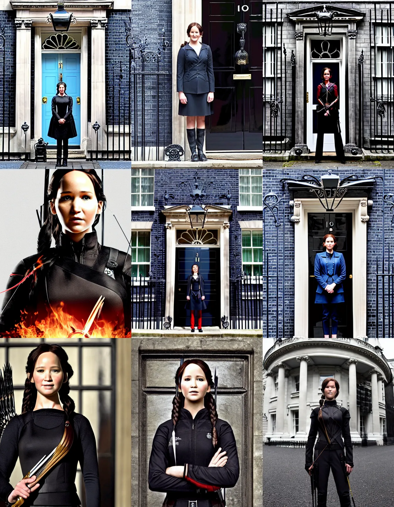 Prompt: katniss everdeen as the prime minister of england, standing in front of 1 0 downing street, official portrait, press