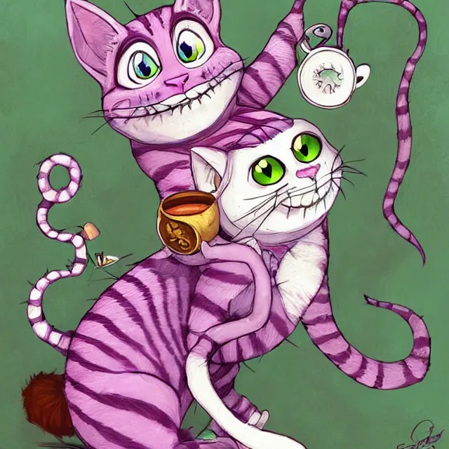 Prompt: cheshire cat drinking tea, by cory loftis, character art, art, very coherent, plain background, lighthearted, soft painting