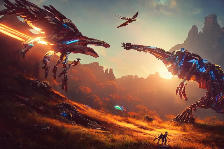 Image similar to glinthawk machine mecanical creature robot of horizon forbidden west horizon zero dawn radiating a glowing aura global illumination ray tracing hdr fanart arstation by ian pesty and alena aenami artworks in 4 k