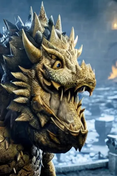Image similar to very very intricate photorealistic photo of bowser in an episode of game of thrones, photo is in focus with detailed atmospheric lighting, award - winning details