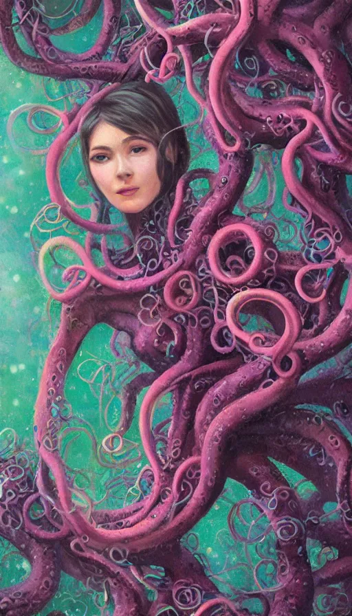 Image similar to very detailed portrait of a 2 0 years old girl surrounded by tentacles, the youg woman visage is blooming from fractal and vines, by paul lehr,