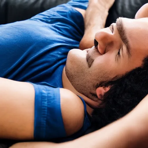 Image similar to man laying face down on a couch, the man is wearing black shirt and blue shorts, a black and white cat is climbing on him