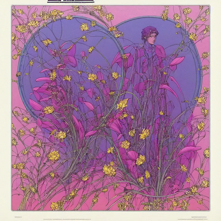 Image similar to ( ( ( ( beautiful flowers with decorative frame design ) ) ) ) by mœbius!!!!!!!!!!!!!!!!!!!!!!!!!!!, overdetailed art, colorful, artistic cd jacket design