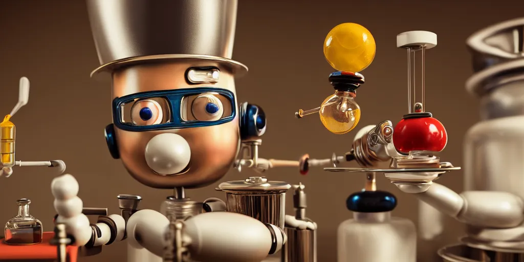 Prompt: closeup portrait of tin toy retro robot chef cooking pastry with vials in a chemical scientific lab, depth of field, zeiss lens, detailed, centered, fashion photoshoot, by nicoletta ceccoli, mark ryden, lostfish, breathtaking, 8 k resolution, extremely detailed, beautiful, establishing shot, artistic, hyperrealistic, octane render