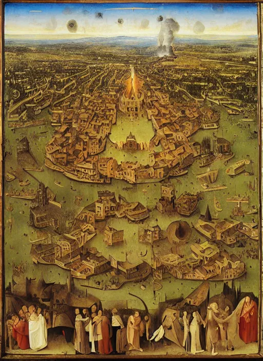 Image similar to Florence on fire, wildfire, Medieval painting by Jan van Eyck, Hieronymus Bosch