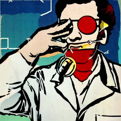 Image similar to a burning chemist in a white coat, modern pop art