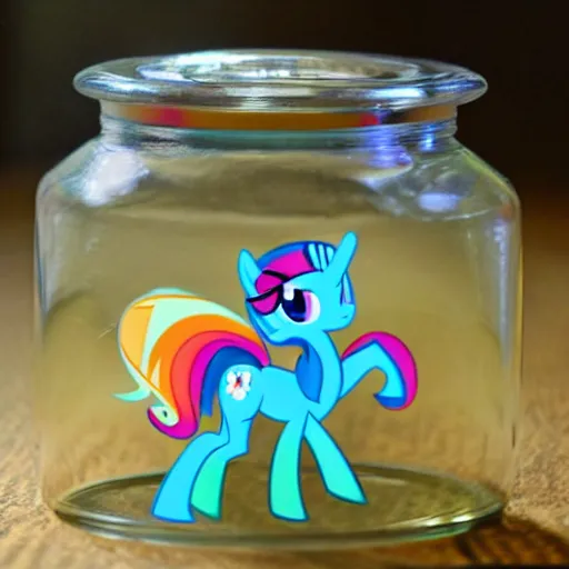 Image similar to a my little pony figure in a jar covered in a mysterious sticky yellowish fluid