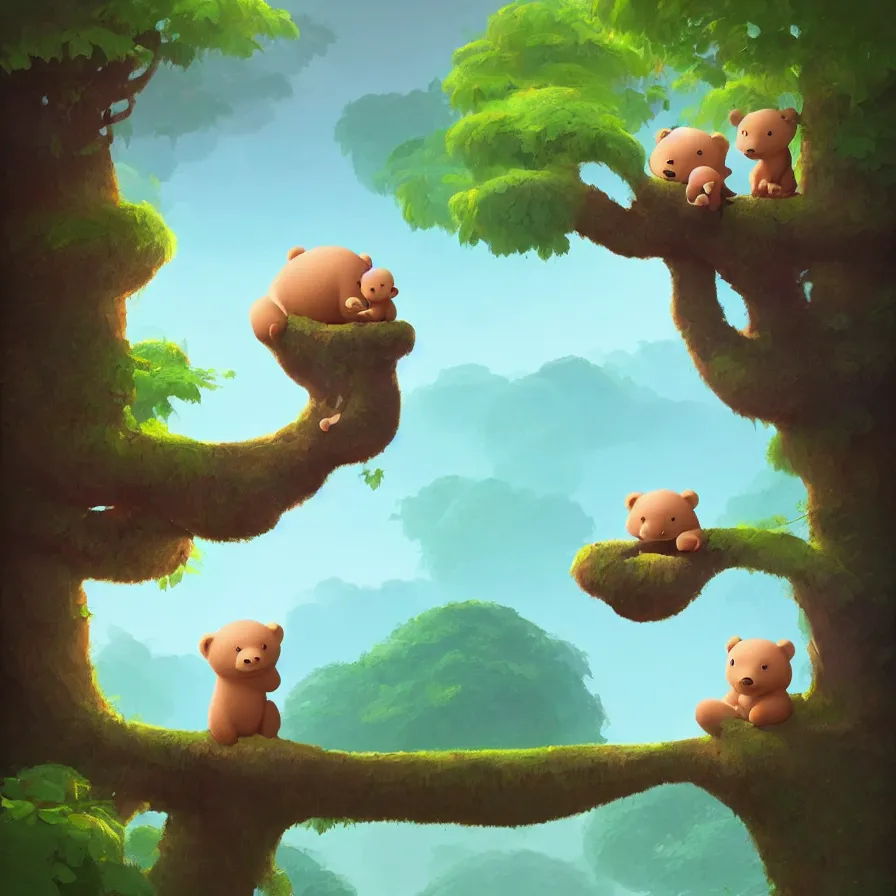 Image similar to A river, a baby bear on top of a trunk, jungle, art by Goro Fujita, ilustration, concept art, sharp focus, ArtStation, Deviantart