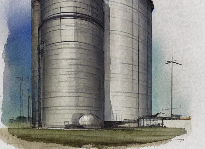 Image similar to concept art of a industrial complex silo, pinterest, artstation trending, behance, watercolor, by coby whitmore, silver, laser light,