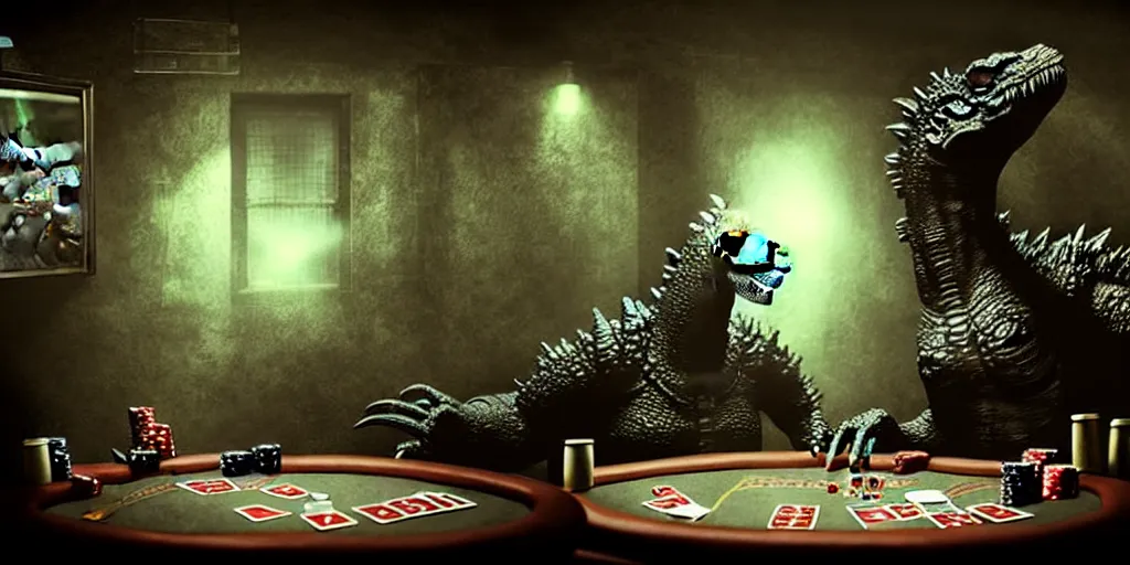 Prompt: godzilla playing poker and drinking in a cozy dungeon, cobwebs, grunge, dungeon, mossy, volumetric lighting, hyper real, pencil art, moody lighting, eldritch horror, comfy