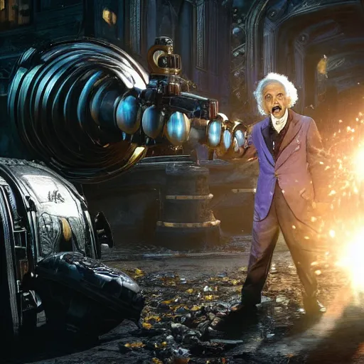 Image similar to albert einstein as willy wonka in gears of war, splash art, movie still, cinematic lighting, dramatic, octane render, long lens, shallow depth of field, bokeh, anamorphic lens flare, 8 k, hyper detailed, 3 5 mm film grain