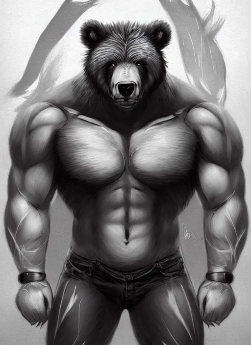 Prompt: award winning beautiful portrait commission art of a muscular male furry anthro grizzly bear fursona with a cute beautiful attractive detailed furry face wearing gym shorts and a tanktop. Character design by charlie bowater, ross tran, artgerm, and makoto shinkai, detailed, inked, western comic book art