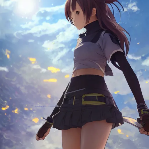 Image similar to a girl is running, sport clothing, sword art online, anime style, brown short hair, hair down, symmetrical facial features, from arknights, hyper realistic, rule of thirds, extreme detail, detailed 4 k drawing, trending pixiv, realistic lighting, by alphonse mucha, greg rutkowski, backlit