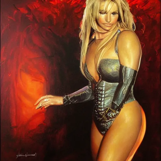 Image similar to detailed portrait of britney spears intricate, hyper detailed, realistic, oil painting, by julie bell, frank frazetta, cinematic lighting