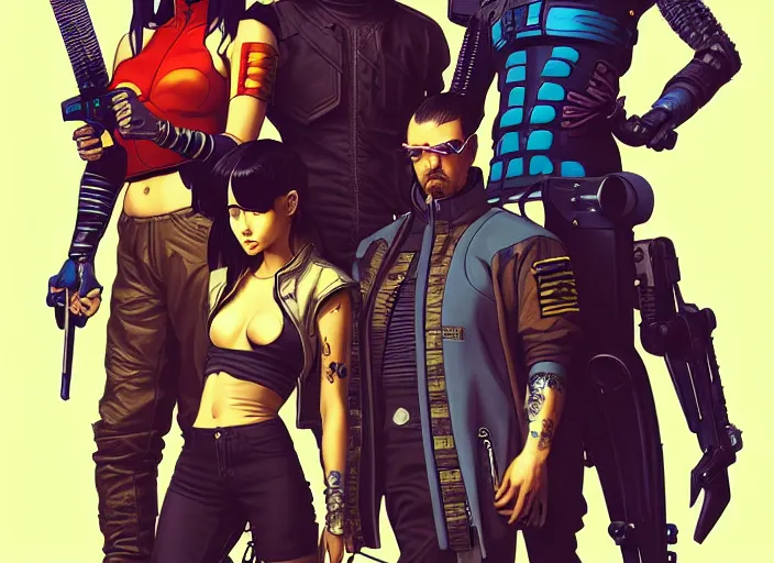 Image similar to cyberpunk samurai team. portrait by stonehouse and mœbius and will eisner and gil elvgren and pixar. character design. realistic proportions. cyberpunk 2 0 7 7 character art, blade runner 2 0 4 9 concept art. cel shading. attractive face. thick lines. the team. diverse characters. artstationhq.