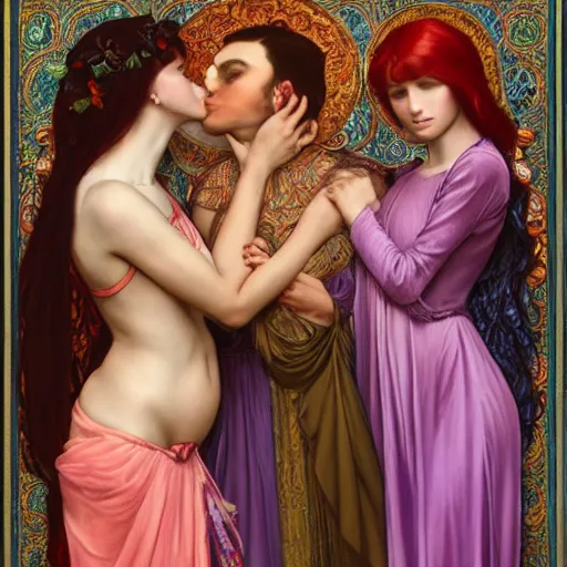 Image similar to a highly detailed byzantine painting of three sultry red haired vampire queens sharing a soft kiss under a waterfall in a gossamer purple dress, epic fantasy, viewed in profile from far away, ultrawide lens, art by artgerm and greg rutkowski and alphonse mucha, volumetric lighting, 4 k resolution, trending on artstation, masterpiece