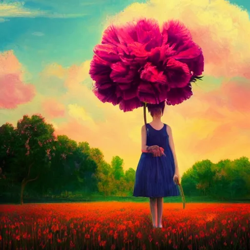 Image similar to girl with a giant carnation head, surreal photography, flower field, sunset dramatic light, impressionist painting, colorful clouds, blue sky, digital painting, artstation, simon stalenhag