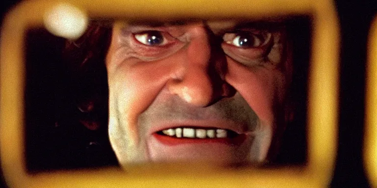 Image similar to photorealistic wide profile master shot cinematography of the character jack torrance played by jack nicholson from stanley kubrick's 1 9 8 0 film the shining sitting at the overlook hotel's gold ballroom bar laughing right at the camera shot on 3 5 mm eastman 5 2 4 7 film by the shining cinematographer john alcott on a 1 8 mm cooke panchro lens.