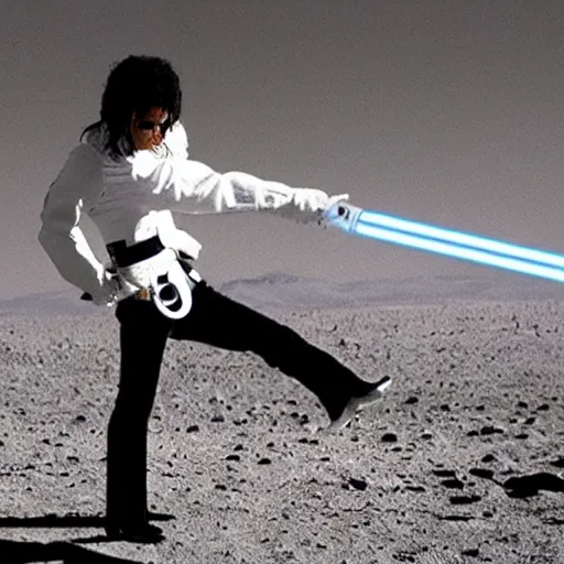 Image similar to Michael Jackson dancing with a lightsaber in Mars