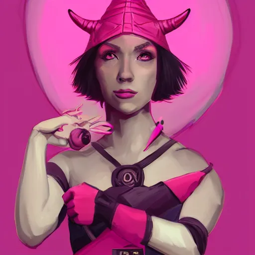 Image similar to a hot pink tiefling with a tinfoil hat, a pet rat, exasperated, character art, full body art, dungeons and dragons, d & d, trending on artstation, artgerm, 4 k ultra hd, sharp focus, digital art by ilya kuvshinov and ross tran