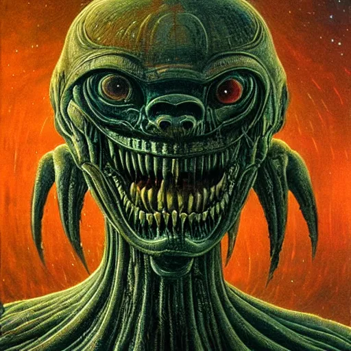 Prompt: space alien, slimy, glossy, sharp teeth, by h. r. giger, beksinski, odyssey 2 0 0 1, nightmare fuel, nightmarish, intricate, highly detailed, optical illusion, stranger things demogorgon, cave lighting, flickering