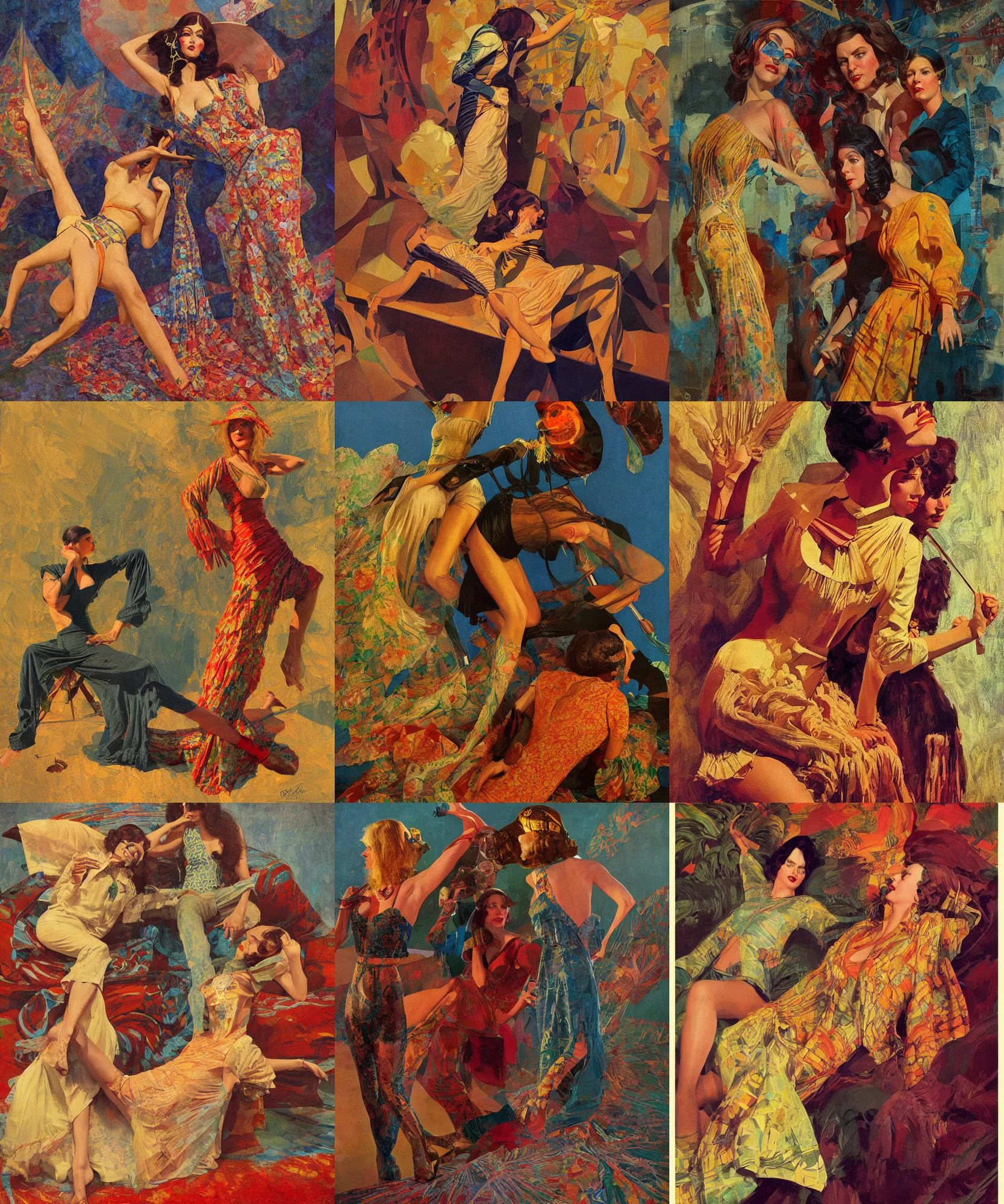Image similar to pulp art, 1970s hippie cloth style, artwork by Joseph Leyendecker and Hugh Ferriss and gil elvgren and ilya repin and sergey kolesov, geometric shapes, impressionism, soviet paintings, 3d octane blender render, progressive rock album cover