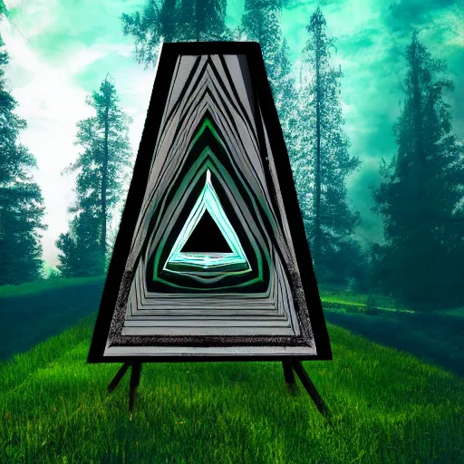 Prompt: a portal in the forest in the shape of a triangle that leads to a psychedelic vapor wave alternate universe, 8k, trees, path