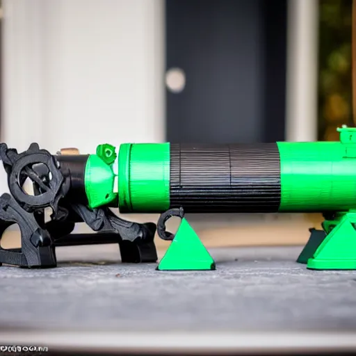 Image similar to a working rocket launcher that was 3 d printed using black and green filament. 8 5 mm lens, f 1. 8.