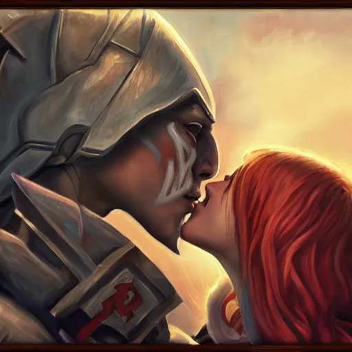 Image similar to Portrait of Sylvanas Windrunner and Adolf Hitler kissing, cinematic shot, trending on artstationhq, oil on canvas