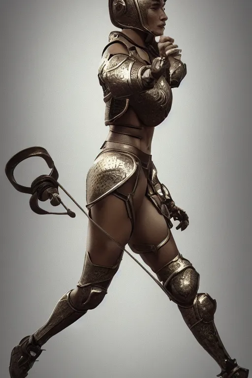 Image similar to a highly detailed sculpt of athletic girl in armor, cinematic light, featured on artstation, octane render, path tracing, sharp focus, 4 k