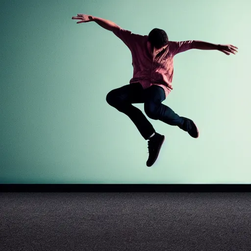 Prompt: man jumping by album cover, UHD, 4K, 8K