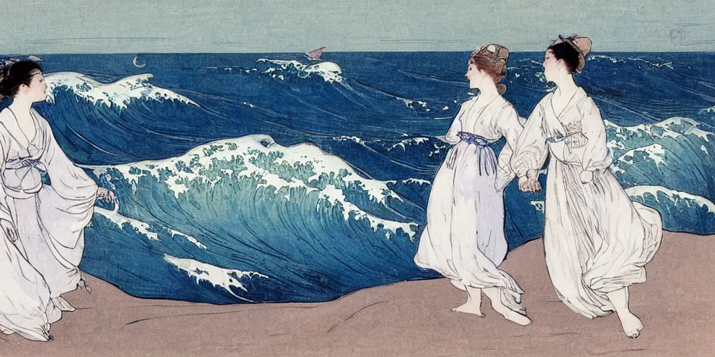 Image similar to two young edwardian women wearing white dresses hold hands on a beach in Sweden, by Anders Zorn, waves in the style of the great wave off kanagawa by Hokusai